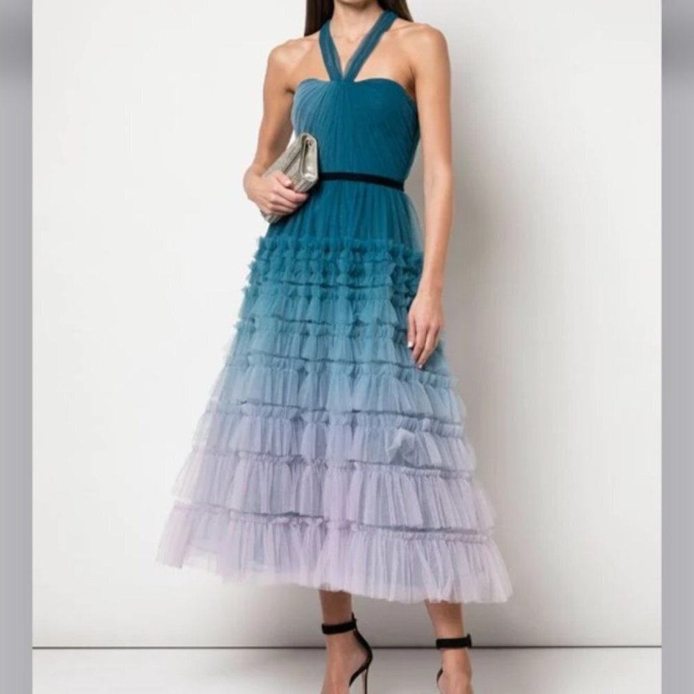 NEW Marchesa Halter Neck Ombre Textured Tiered Ruffled Mid Length Dress Size 16